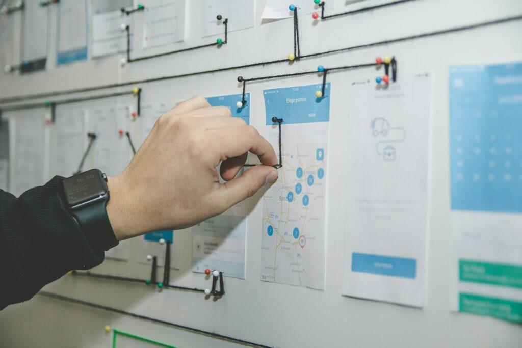 Customer journey stages pinned to a planning board