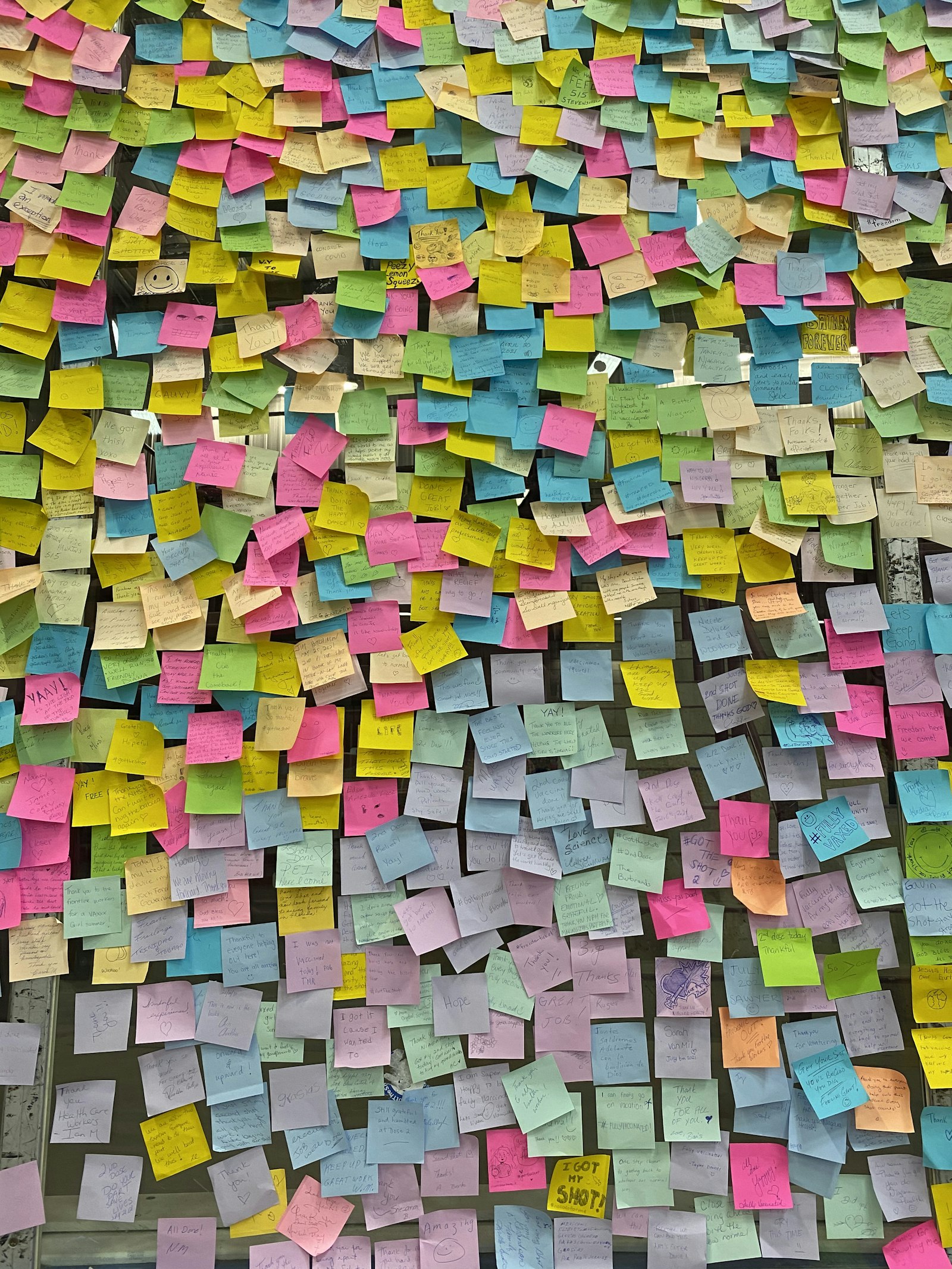 Wall covered in sticky notes from a customer journey mapping session