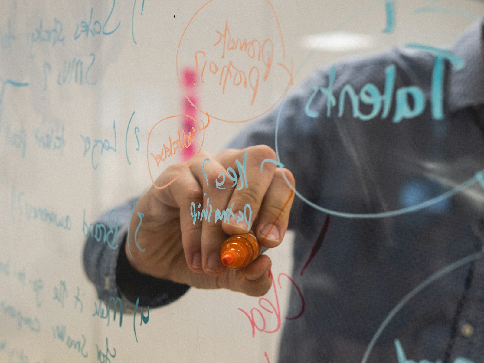 Marketer sketching an automation workflow diagram on a glass whiteboard